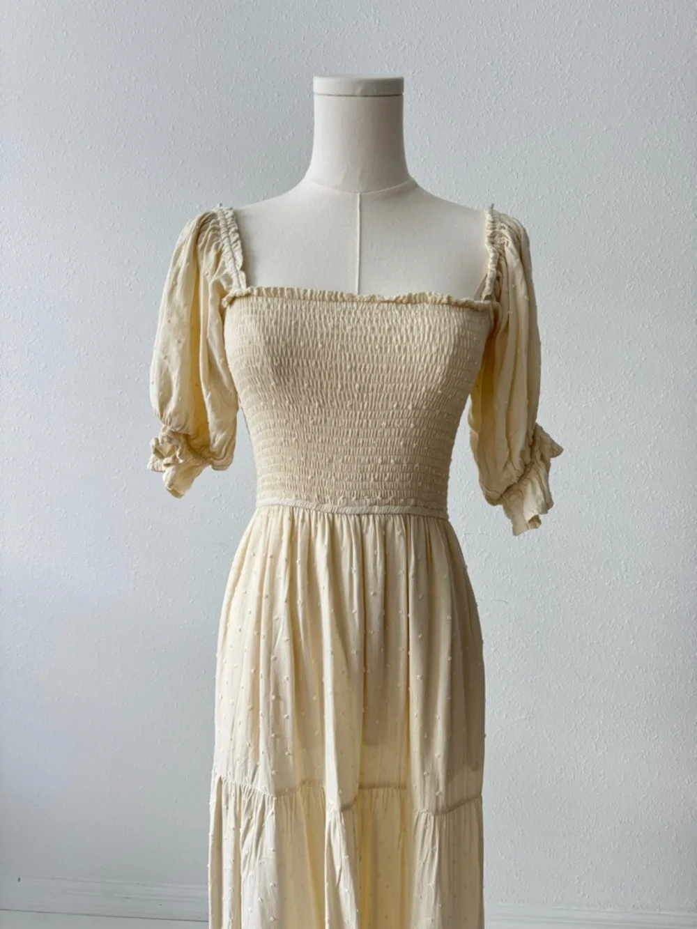 Cream Smocked Midi Dress Cottagecore Puff Sleeve Boho Swiss Dot Tiered Romantic - Picture 2 of 8